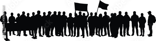Large crowd of people standing together holding protest banners and flags in a silhouette scene during a peaceful public gathering.