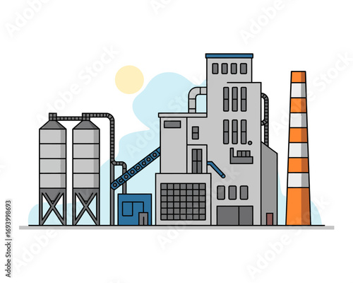 Illustration of an Industrial Plant with Silos and a Chimney Against a Sunny Sky for Industrial Concept.