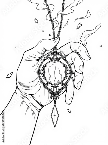 Minimilist hand holding an ornate pendant with a chain and floating embers in a detailed monochrome drawing vector