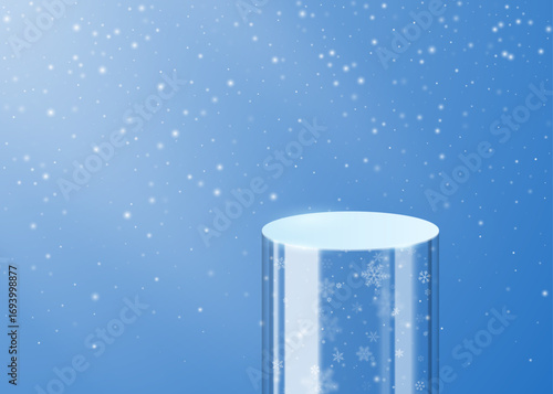 Abstract light blue winter background with glass round podium and falling snow and snowflakes. Vector 3d illustration.