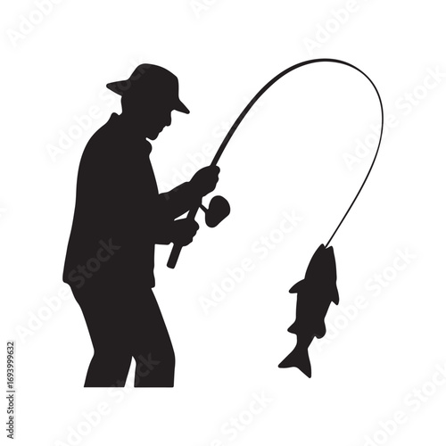 Silhouette of angler catching fish with curved fishing rod on white.