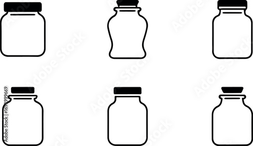 Set of six simple black and white outline jar isolated on transparent background