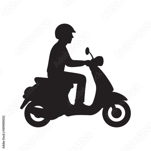 Silhouette of a person riding a scooter with a helmet on a plain background.