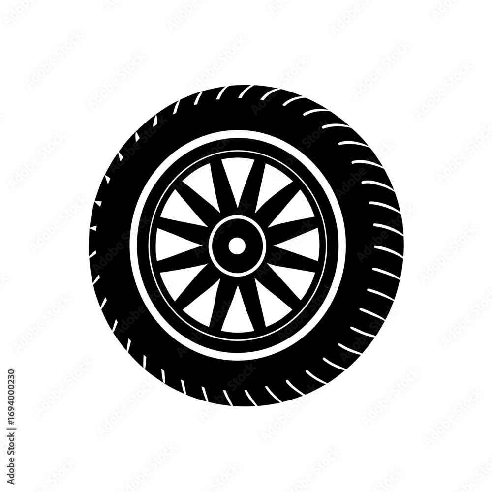 Obraz premium Black and white car tire icon on transparent background silhouette
