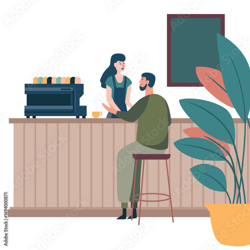 Male customer talking to female barista at counter in coffee shop. Flat vector illustration isolated on white background