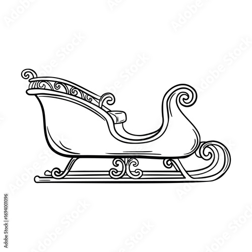 A decorative vintage sleigh with ornate designs and curved runners. The sleigh is empty and showcases intricate detailing, ideal for winter themes.