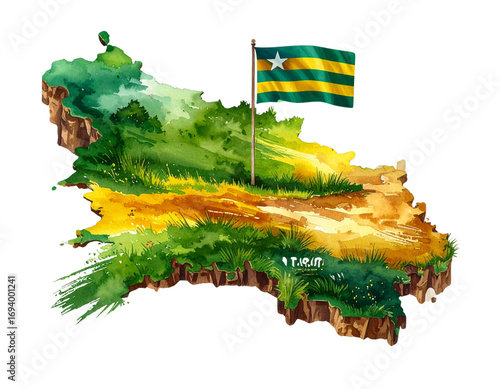 Highly Detailed Togo Map  Watercolor Style with National Flag PNG.