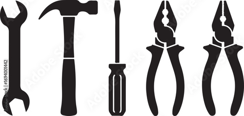 Black and White Silhouettes of Hand Tools Wrench Hammer Screwdriver Pliers on White Background