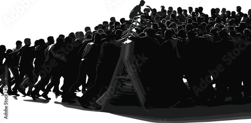 Silhouette of a large group of people pushing together in unity, climbing over an obstacle showing teamwork and collective effort