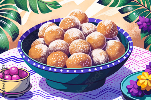 Nigerian puff puff dessert, fried dough balls coated with sugar, sweet African street food delicacy