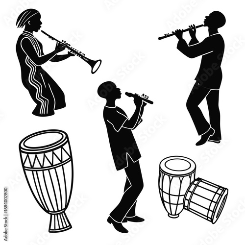 African musicians playing wind instruments and drums silhouette playing instruments