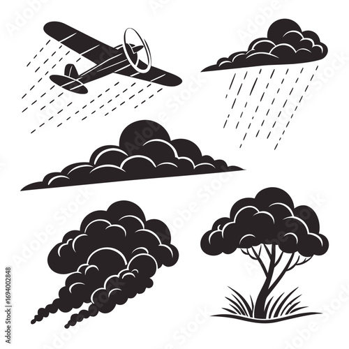 Airplane rain clouds smoke tree grass silhouettes biplane propeller
