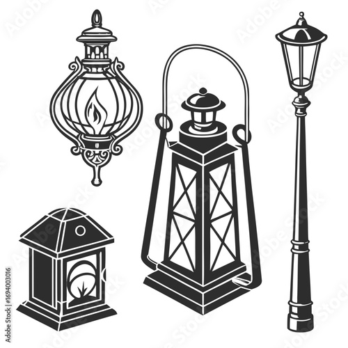 Antique lantern silhouettes with flame and street lamp oil lamp vintage