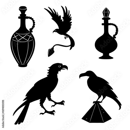 Ancient vessels and birds of prey silhouettes amphora