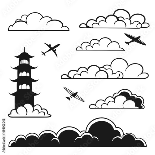Asian pagoda tower and airplanes flying through clouds vector
