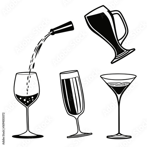 Assorted drink glasses pouring liquid black white drinkware wine glass