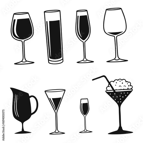 Assorted drinkware silhouettes beverage containers wine glass champagne flute