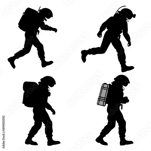 Astronauts in motion on white background space suit silhouette