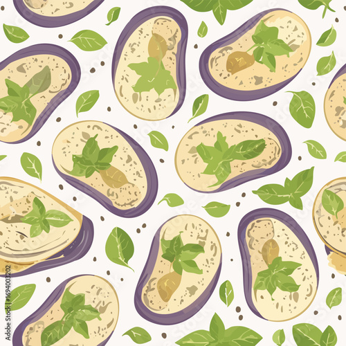 Eggplant Parmesan gentle pastel-colored vector pattern perfect for seamless backgrounds.