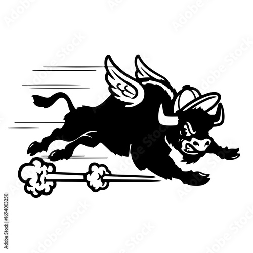 Dynamic winged bull emblem speeding forward, a symbol of power, strength and determination