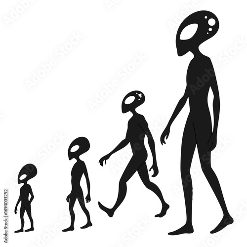 Black alien figures walking across white background extraterrestrial space