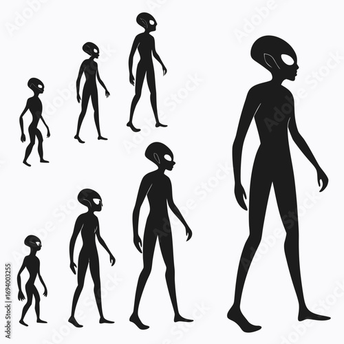 Black alien figures walking white background extraterrestrial silhouette