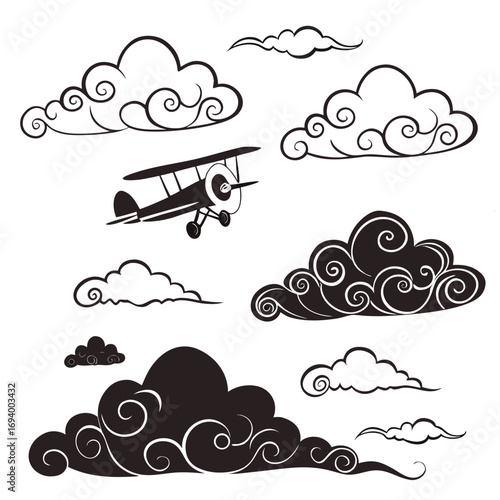 Black and white decorative cloud swirls and biplane silhouette airplane
