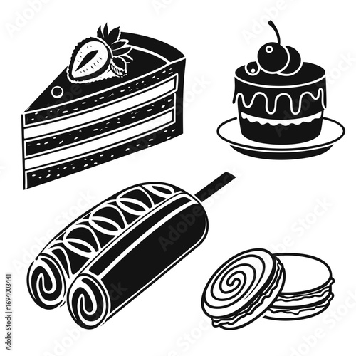 Black and white dessert icons cake roll macaron slice strawberry