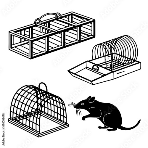 Black and white silhouettes of animal traps and a rodent cage mouse
