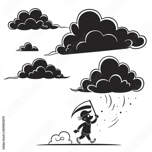 Black clouds raining on a running figure with a flag silhouette