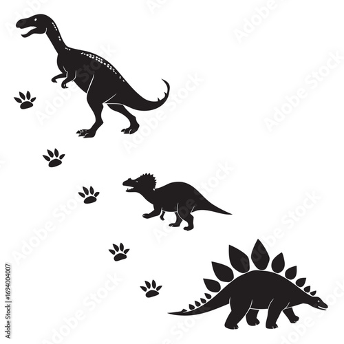 Black dinosaur silhouettes and footprints on white vector