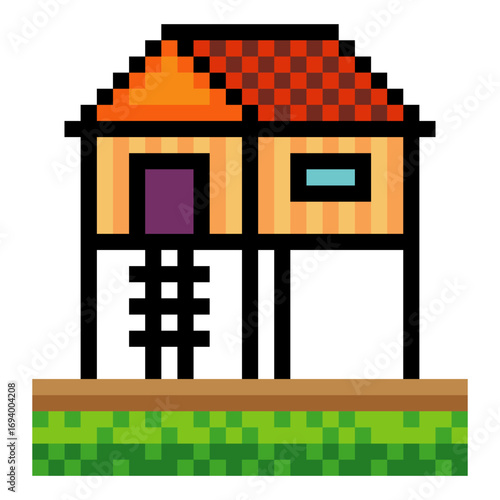 Stilt house with pixel art style