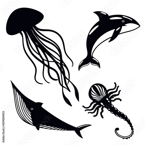 Black marine life silhouettes whale killer whale jellyfish octopus vector