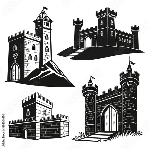 Black medieval castle fortresses and towers gate