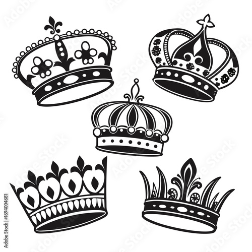 Black royal crown silhouettes detailed ornate designs monarchy regal