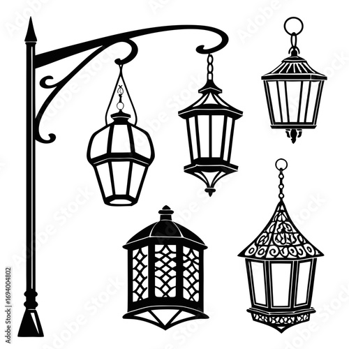 Black silhouette hanging lanterns and lamppost white