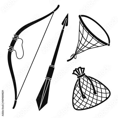 Black silhouette hunting tools bow arrow net bag vector