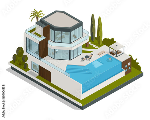 Isometric Luxury Villa with Swimming Pool and Modern Architecture for Upscale Living and Real Estate Development