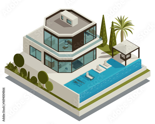 Isometric view of a modern luxury house with a beautiful backyard swimming pool and a palm tree.