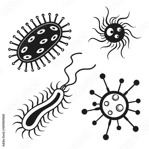 Black silhouette microscopic organisms and viruses on white bacteria cell