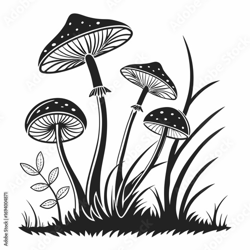 Black silhouette mushrooms grass leaves fungi toadstool