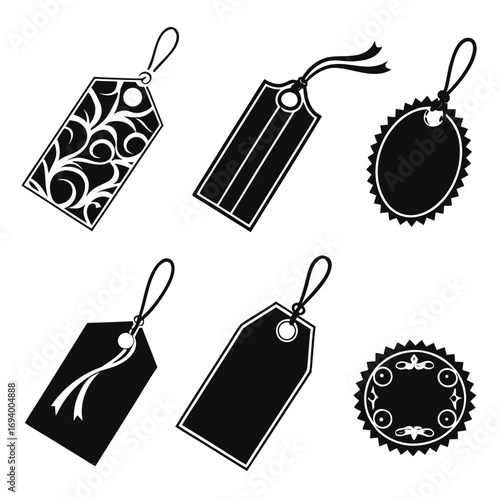 Black silhouette tags with ribbons and ornate designs labels price tags