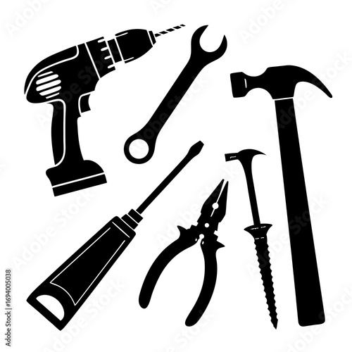 Black silhouettes of construction tools drill wrench