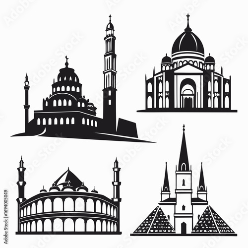 Black silhouettes of diverse architectural structures mosque church