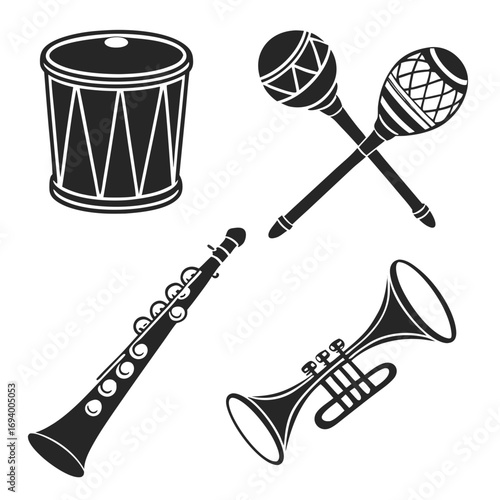 Black silhouettes of drum clarinet maracas and trumpet musical instruments
