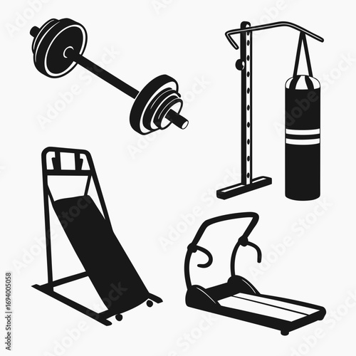 Black silhouettes of exercise equipment barbell weightlifting