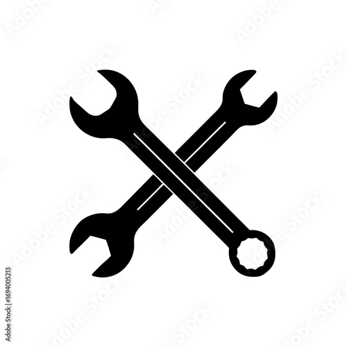 Two crossed black wrenches tool on transparent background silhouette