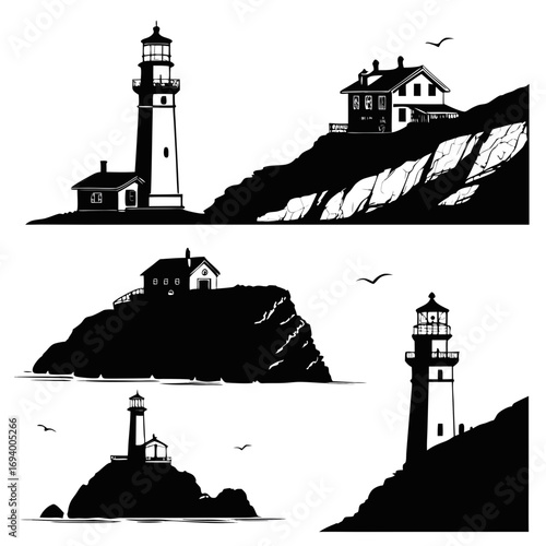 Black silhouettes of lighthouses and coastal homes on rocky cliffs sea cliff black and white