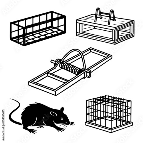 Black silhouettes of rodent traps and cages mouse animal