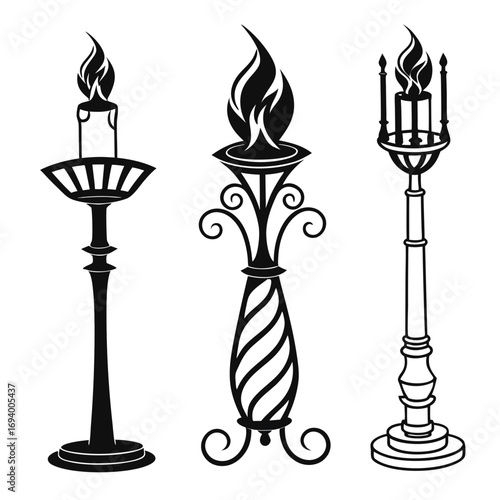 Black silhouettes of torches and candles with flames vector